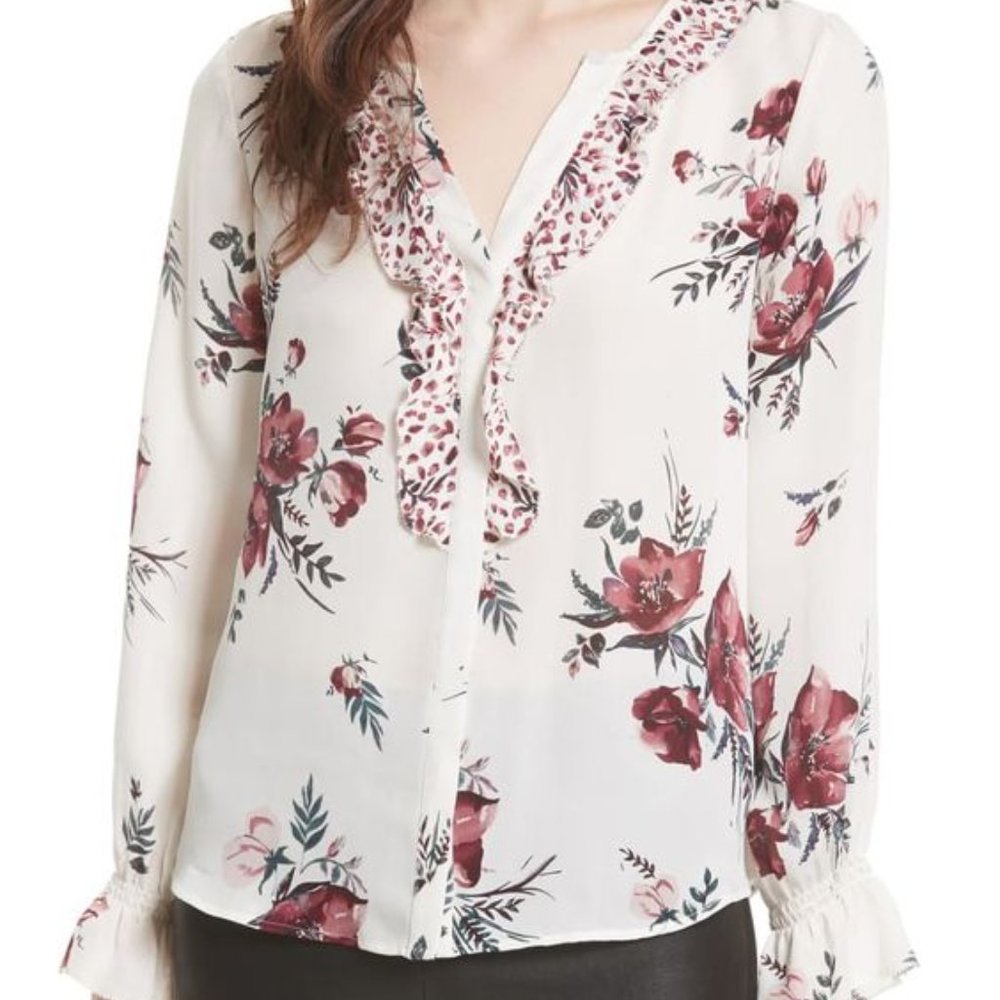Joie Jayann B Ruffle Front Floral Silk Blouse Sz XS